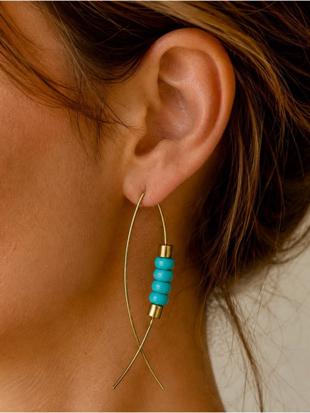 Turquoise Bead Drop Threader Earrings - Handmade
